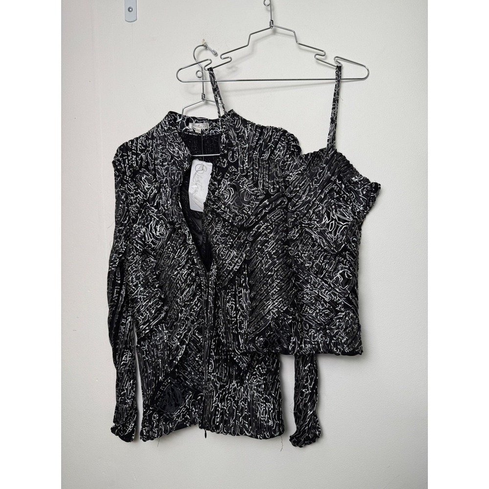 Obstinee Black Silver Metallic Abstract Ruched Mesh Jacket Tank Top Set L 14